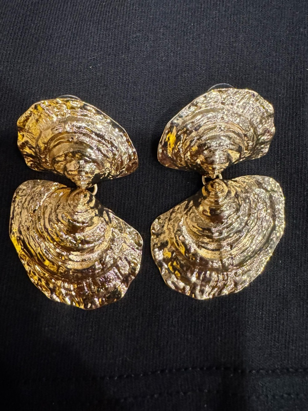 Gold Textured Double Shell Drop Earrings - Women Jewelry